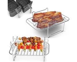 2 stuks - Airfryer-rek - Vierkant Airfryer-grillrek - RVS grill-dehydratorrek - Stapelbaar - Airfryer-mandje - Airfryer-accessoires - Oven- en vaatwasserbestendig - voor Airfryer-bakken en koken