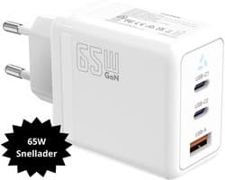 Vastiq Power® 65W GaN USB-C Snellader – Power Delivery USB-C Oplader Adapter – Laptop Oplader met 2x USB-C + 1x USB-A – Snelladen voor Laptop, Smartphone & Tablet – Compact – Wit