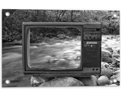 Tuinposter – Oude Vintage Televisie met Doorkijk op Rivier (Zwart-wit) - 60x40 cm Foto op Tuinposter (wanddecoratie voor buiten en binnen)