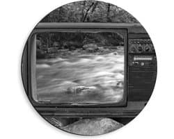 Dibond Muurcirkel - Oude Vintage Televisie met Doorkijk op Rivier (Zwart-wit) - 40x40 cm Foto op Aluminium Muurcirkel (met ophangsysteem)