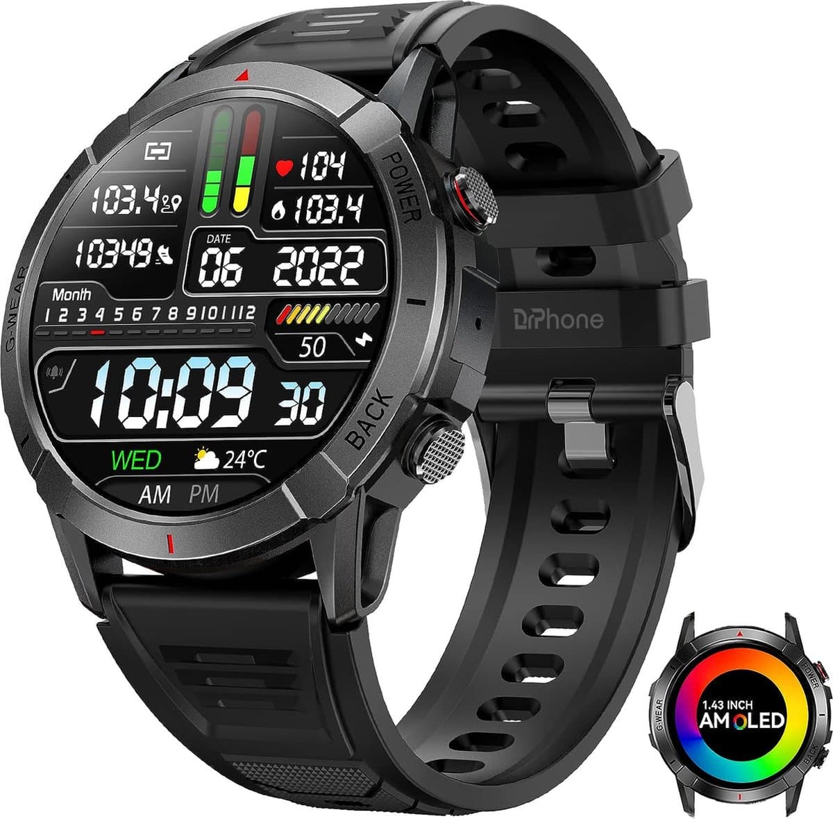 DrPhone SpectraView AMOLED Timepiece - 1.4 Inch - Slimme Horloge - Notificaties - Bluetooth bellen - 110 Sportmodus - Smartwatch — afbeelding 1