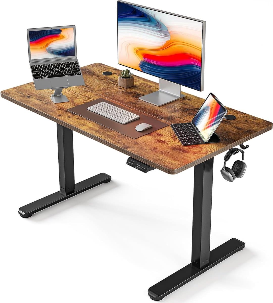 Elektrisch in hoogte verstelbaar bureau, bartafel 100 x 60 cm, sta-bureau voor thuis en op kantoor met scheidingsbord, zwart frame/bruin afwerking — afbeelding 1