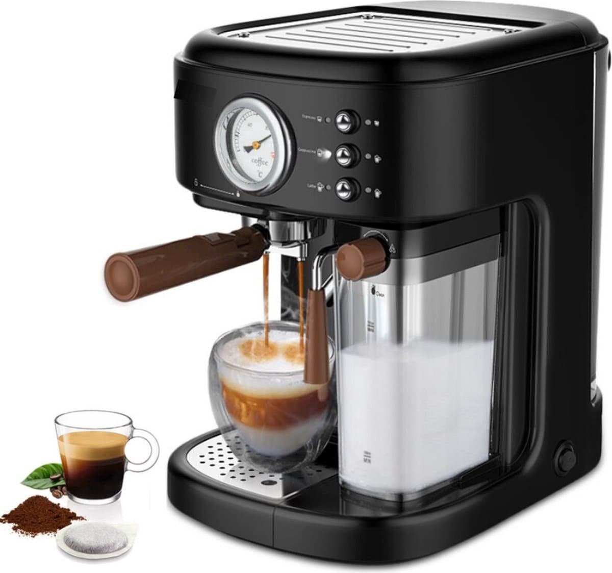 Happyment 3 in 1 Koffiemachine - Koffiezetapparaat - Koffie Apparaat - Pistonmachine - Melkopschuimer - Voor De Beste Koffie — afbeelding 1
