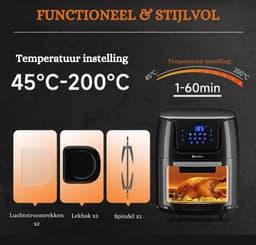 XXL Heteluchtfriteuse - 12 Liter Capaciteit - 8-in-1 Airfryer met Kijkvenster - One-Touch Bediening - 8 Programma's - Draaigrill - Rek en Afneembaar Dienblad - 1800 Watt - Zwart — thumbnail 5
