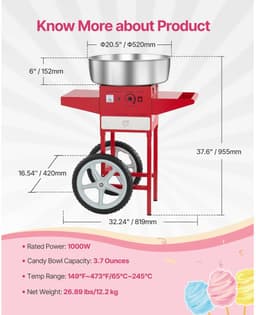 Velori Suikerspinmachine met Kar Roze 1000W - Professionele Cotton Candy Machine - 6 Suikerspinnen per Minuut - Temperatuurregeling - Feest Evenement Kermis — thumbnail 3