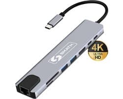 Smath® USB C Hub 8-in-1 - USB Hub 3.0 met HDMI 4K - Ethernet - SD Kaartlezer - USB Splitter voor Laptop en PC - Aluminium