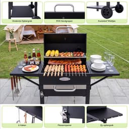 HOMAVO Houtskoolgrill, Barbecue met Deksel, Grilloppervlak: 45×32 cm, 2-standig in hoogte verstelbare kolenbak, Bijzettafel, Thermometer, Met Waterdichte Barbecuehoezen — thumbnail 2