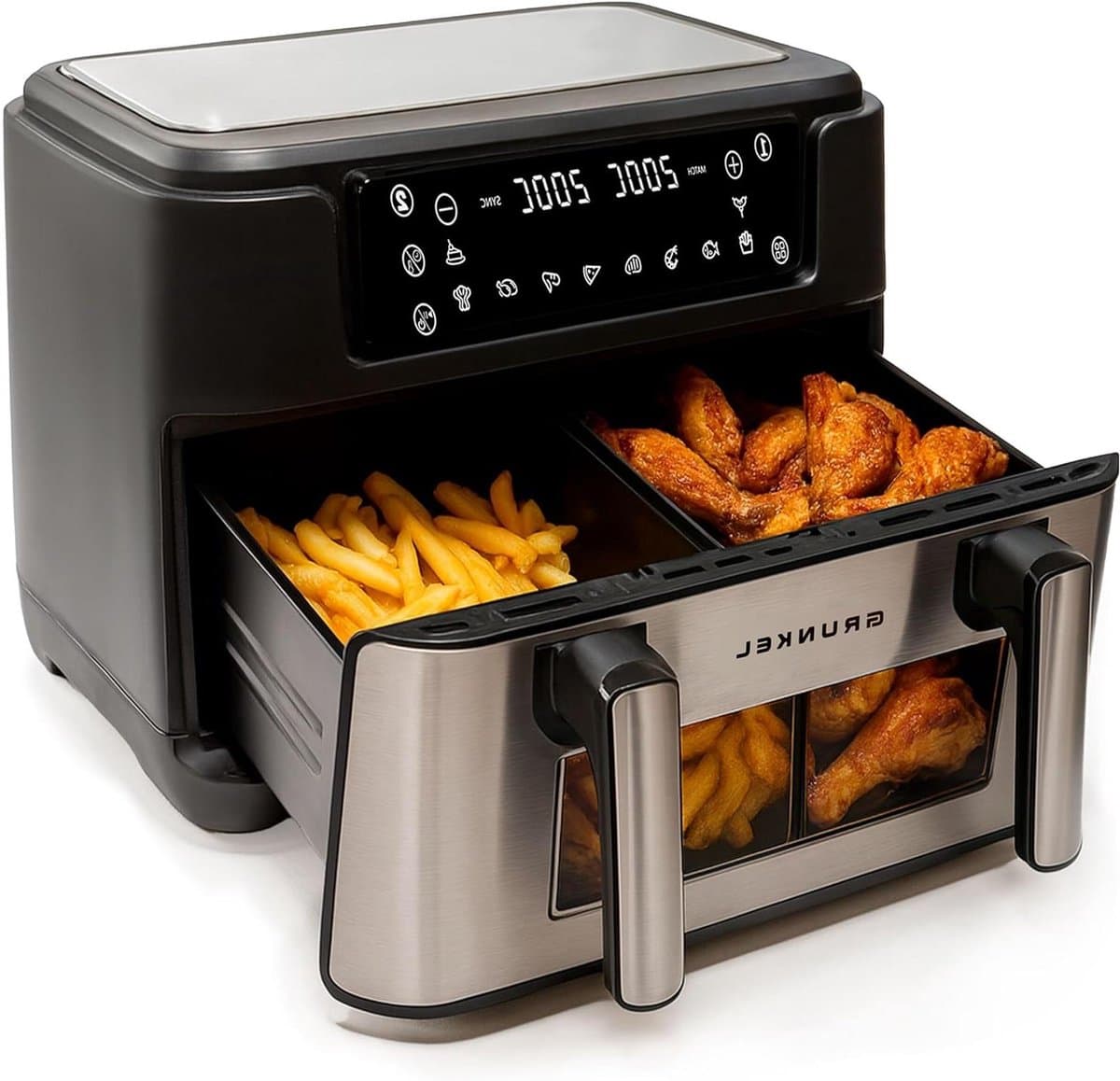 Luchtfriteuse Dubbele Tank - Heteluchtfriteuse Airfryer - Gezinsmaaltijden Bereiden - Onafhankelijke Mand Bediening - 9 Liter Capaciteit - Zwart en Zilver — afbeelding 1