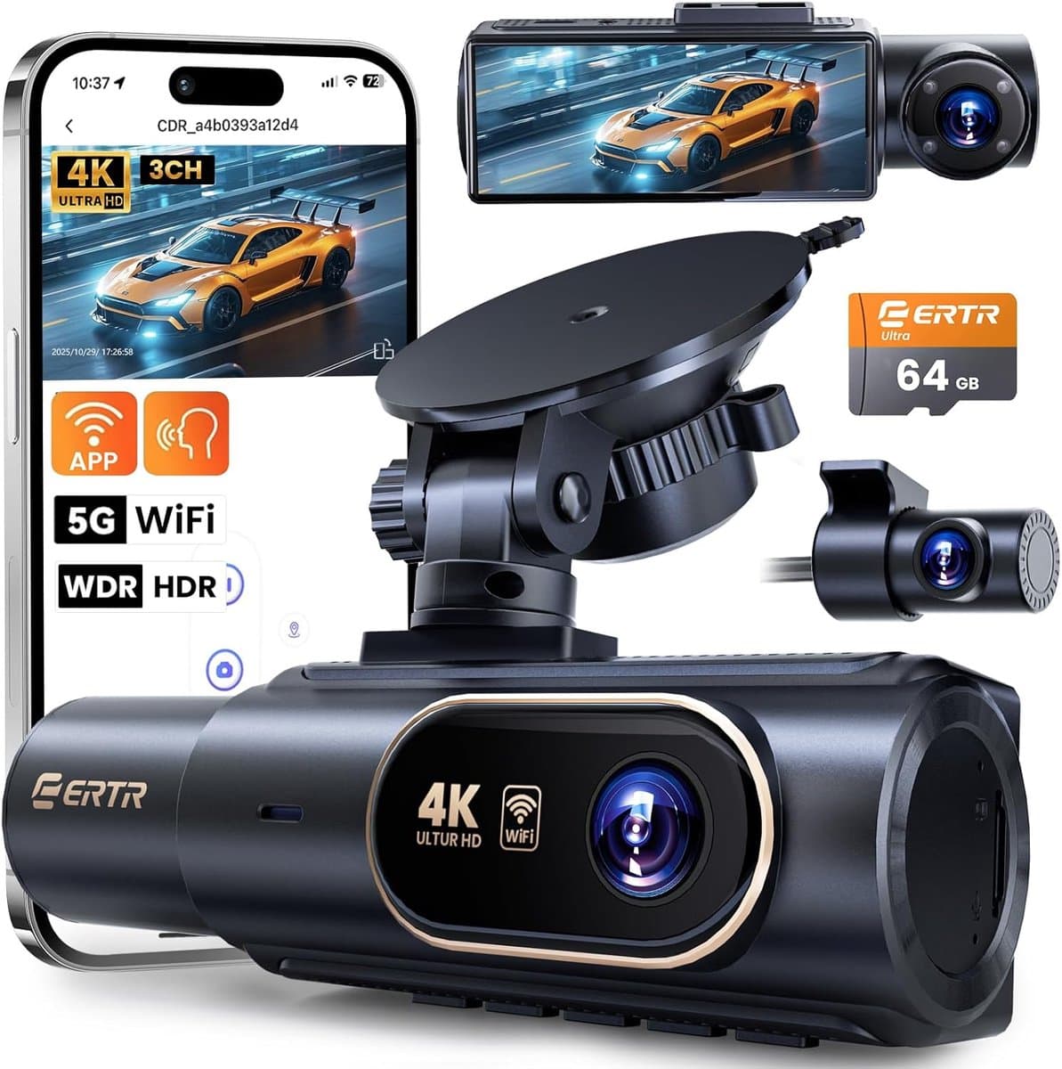 Dashcam Auto 4K 3 Kanaals - Voor, Achter en Interieur Camera - WiFi App - Nachtzicht - 64GB — afbeelding 1