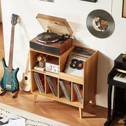 Platenspeler Stand - Platenspeler Meubel - Hout - Vinyl Opbergsysteem voor LP's - Platenkast - LP Record Holder - Display Rek voor Draaitafel, Boeken & Tijdschriften - Platenspelerstandaard - Vintage Bruin & Zwart - Audio Meubel — thumbnail 5