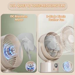 Bureau ventilator – Mini ventilator – USB ventilator – 3600 mAh – 3 snelheidsstanden – Automatisch zwenkend – Draagbare ventilator voor thuis, kantoor camping – 15 x 8,5 x 20 cm – Crèmewit — thumbnail 4
