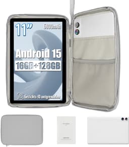 kotsren 11 Inch Tablet - Android 15 Tablets - 16GB RAM+128GB ROM - 6800mAh - 5G WIFI - Kindertablet Met Tablet Hoes Sleeve - Wit — thumbnail 1
