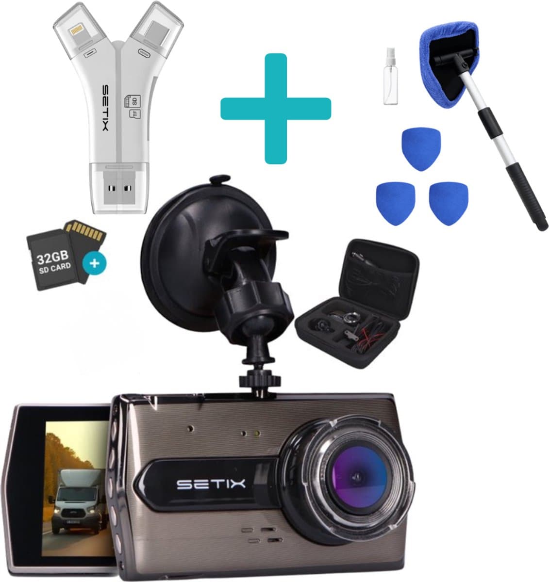 Setix Dashcam Go Met SD Card Reader en Voorruit Cleaner - Voor en Achter Camera – Inclusief 32GB SD kaart - Full HD 1080P Resolutie – Met Opbergcase tegen Diefstal - Nachtzicht – Plug & Play - Parkeermodus - 170 Graden Kijkhoek – Loop Recording – — afbeelding 1