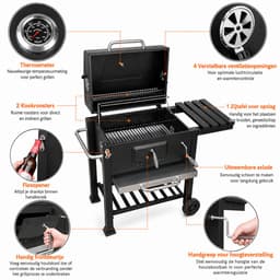 Sello! houtskool barbecue XXL – grill – ingebouwde thermometer – opbergplanken – aslade – stevige wielen – staal – zwart — thumbnail 4