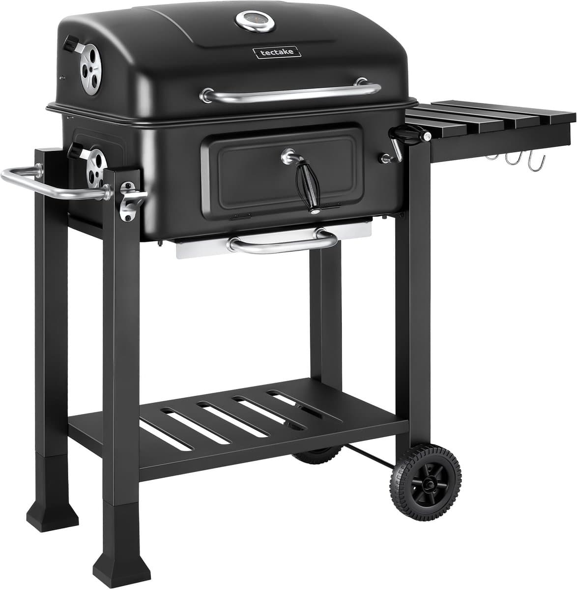 tectake® Houtskool Grill met Thermometer - Smoker op Wielen met Deksel - Barbeque met Opklapbaar Zijrek met Haken - BBQ met in Hoogte Verstelbare Houtskoolbak - Mobiele Grillwagen - Met Aslade en Ventilatieschuiven - Rooster — afbeelding 1