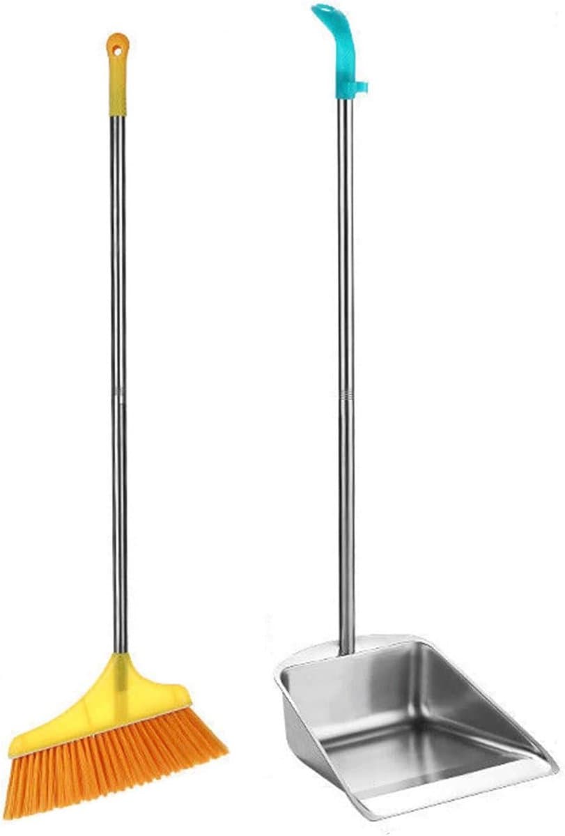 Stofblik en Bezem - Stoffer en Blik Set - Vloeren Schoonmaken - Roestvrij Staal - Lang Steel - Blauw — afbeelding 1
