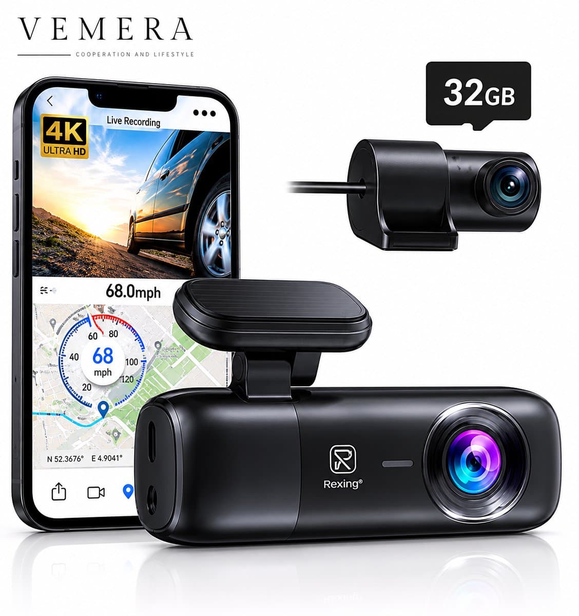 Vemera dashcam - dashcam voor auto - voor en achter camera - 4K - — afbeelding 1