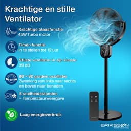 Erikssøn Statiefventilator - Stil En Krachtig 45W - 8 Snelheden - Verstelbaar - Staande Venitlator - Zwart — thumbnail 2