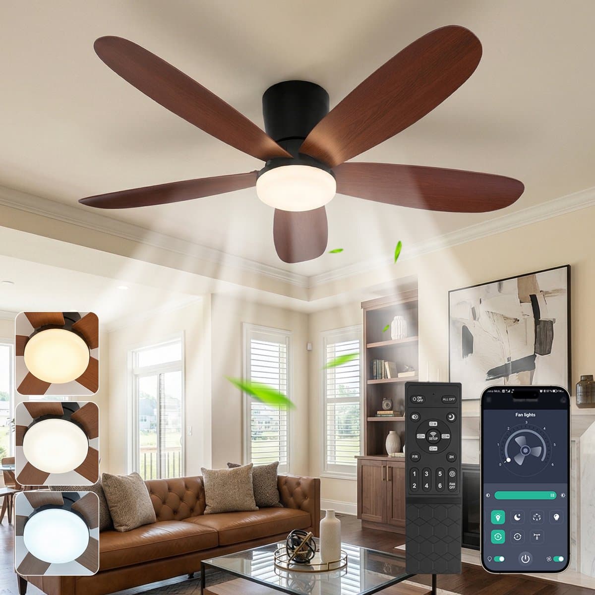 Rosnek Plafondventilator met Lamp voor Laag Plafond - Flush Mount - App & Remote - Dimbaar LED 18W - Fluisterstil - Zomer en Winter Stand - Geheugenfunctie - ⌀ 106 CM - Walnoot — afbeelding 1