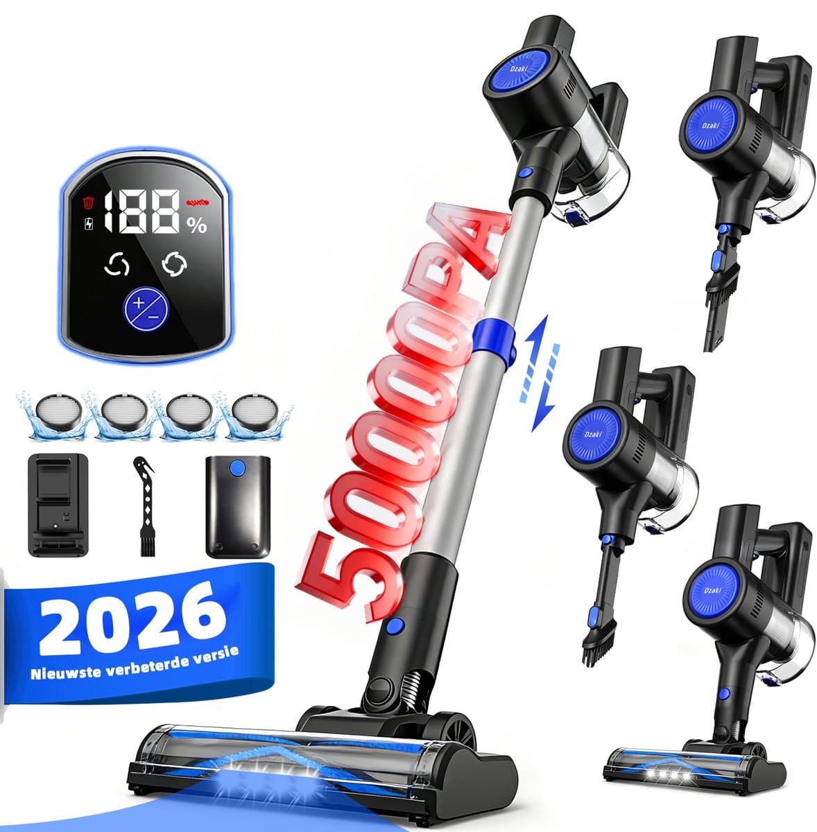 Grenintol S5P - Steelstofzuiger Draadloos - Draadloze Stofzuiger - 50000Pa - 2200mAh - LED Licht-Blauw - Voor Tapijten en Harde Vloer - Geschiktvoor Dierenharen — afbeelding 1