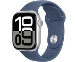Apple Watch Series 10 - Wifi - 42mm - Zilverkleurig Aluminium Case met Denim Sportbandje - S/M