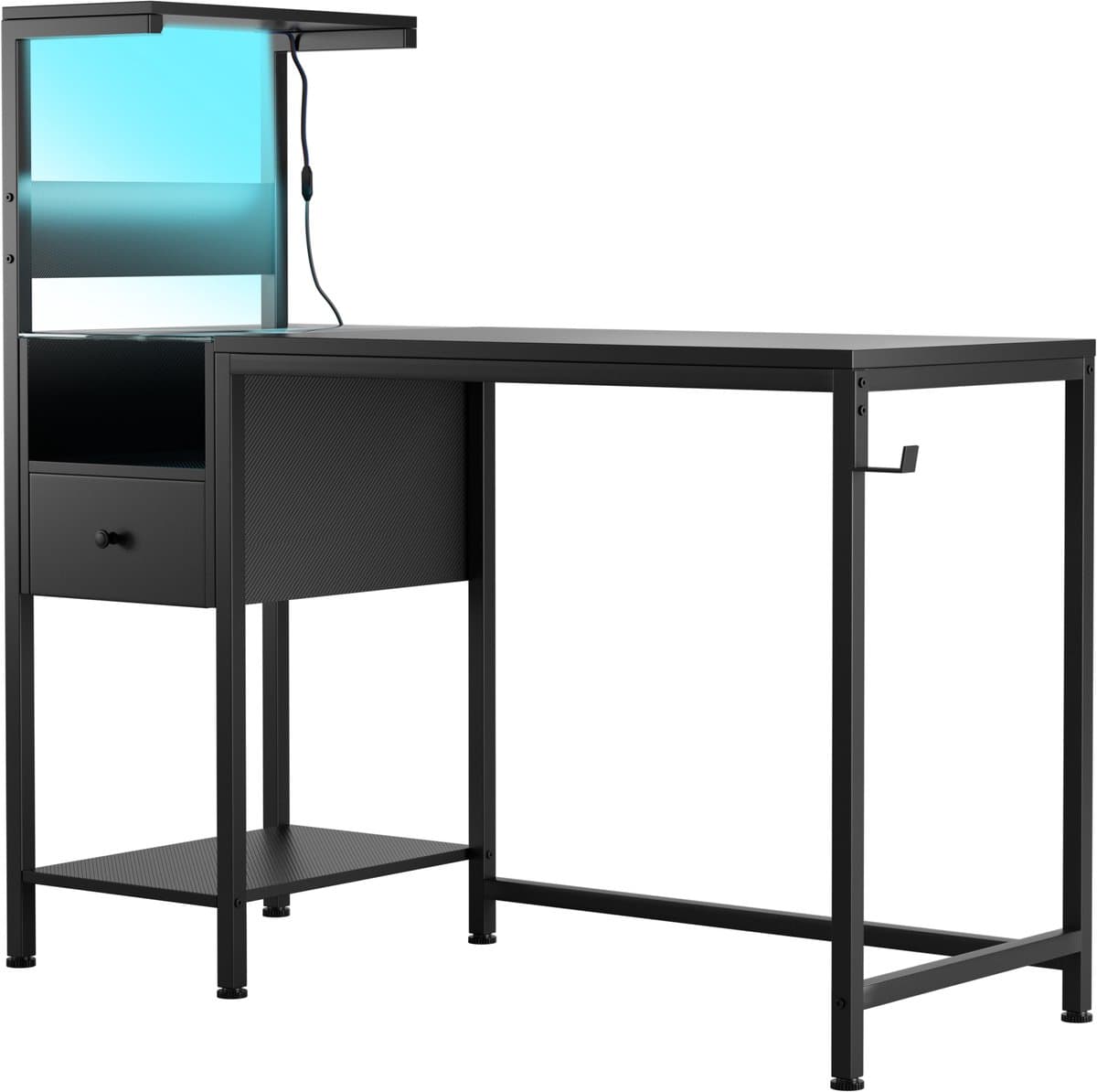 Computerbureau - Computerbureau met stopcontact en opbergplanken – Studie- en schrijftafel met USB-poorten en oplaadstation – PC-bureau/werkstation voor thuiskantoor – Zwart — afbeelding 1