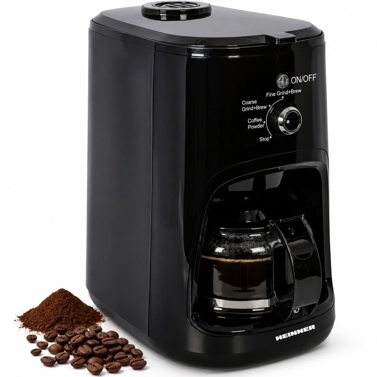 Heinner HCM-900RBK Koffiezetapparaat met Koffiemolen - 900W - 0.6L - 4 Kopjes - Instelbare Maalgraad Fijn/Grof - Voor Koffiebonen & Gemalen Koffie - Glazen Kan - Zwart — afbeelding 1