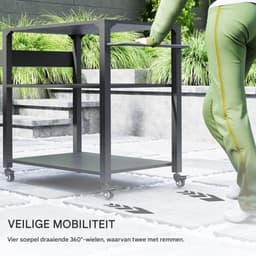 Buitenkeuken op Wielen – BBQ Trolley – Met Opbergkast & Planken – Werktafel voor Buiten – Hout & Metaal – Multifunctioneel – Zwart — thumbnail 4