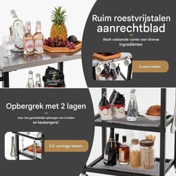 Buitenkeuken op Wielen – BBQ Trolley – Met Opbergkast & Planken – Werktafel voor Buiten – Hout & Metaal – Multifunctioneel – Zwart + Zilver — thumbnail 5