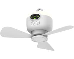 Draagbare Campingventilator 26.9 cm - Oplaadbare Tentventilator met LED-verlichting en Haak - Tijdgestuurde Automatische Uitschakeling - Afneembare Ventilatorbladen - Geschikt voor Tenten - Overkappingen Campers Veranda’s, Strand en Slaapkamers