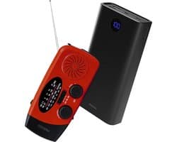 Noodpakket Stroomuitval - Noodradio 3-in-1 Solar Opwindbaar Rood met Grote 30.000 mAh Powerbank - FM/AM Radio met Handslinger, Zaklamp en SOS Sirene - Draagbare Nood Radio op Zonne-energie voor Calamiteiten en Evacuatie