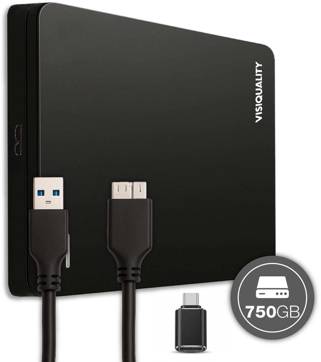 VisiQuality High-Speed Externe Harde Schijf 750 GB - Draagbare Harde Schijf USB 3.0 - Voor Windows & Mac - Geschikt voor Gameconsoles - Compact - Met handleiding - Zwart — afbeelding 1