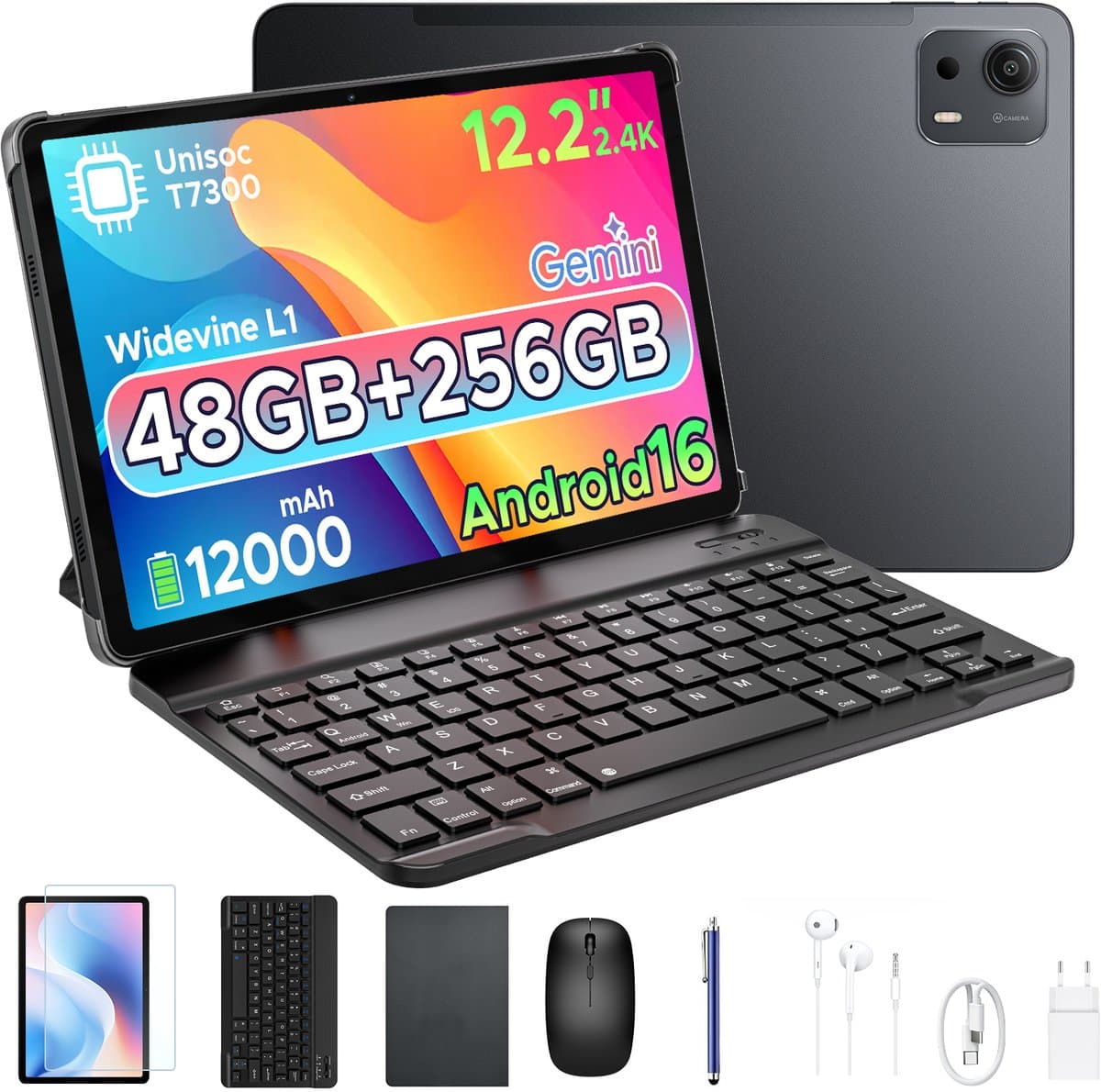 POCKAM P12 Plus - Tablet - 48GB RAM (12+36GB) + 256GB ROM (2 TB/TF) - 12,2 inch 2,4K 120Hz IPS - Android 16 - 12000mAh/18W - T7300 - Wi-Fi 5 - Bluetooth 5.0 - Quad-luidsprekers - Volledige accessoirebundel met toetsenbord en stylus — afbeelding 1
