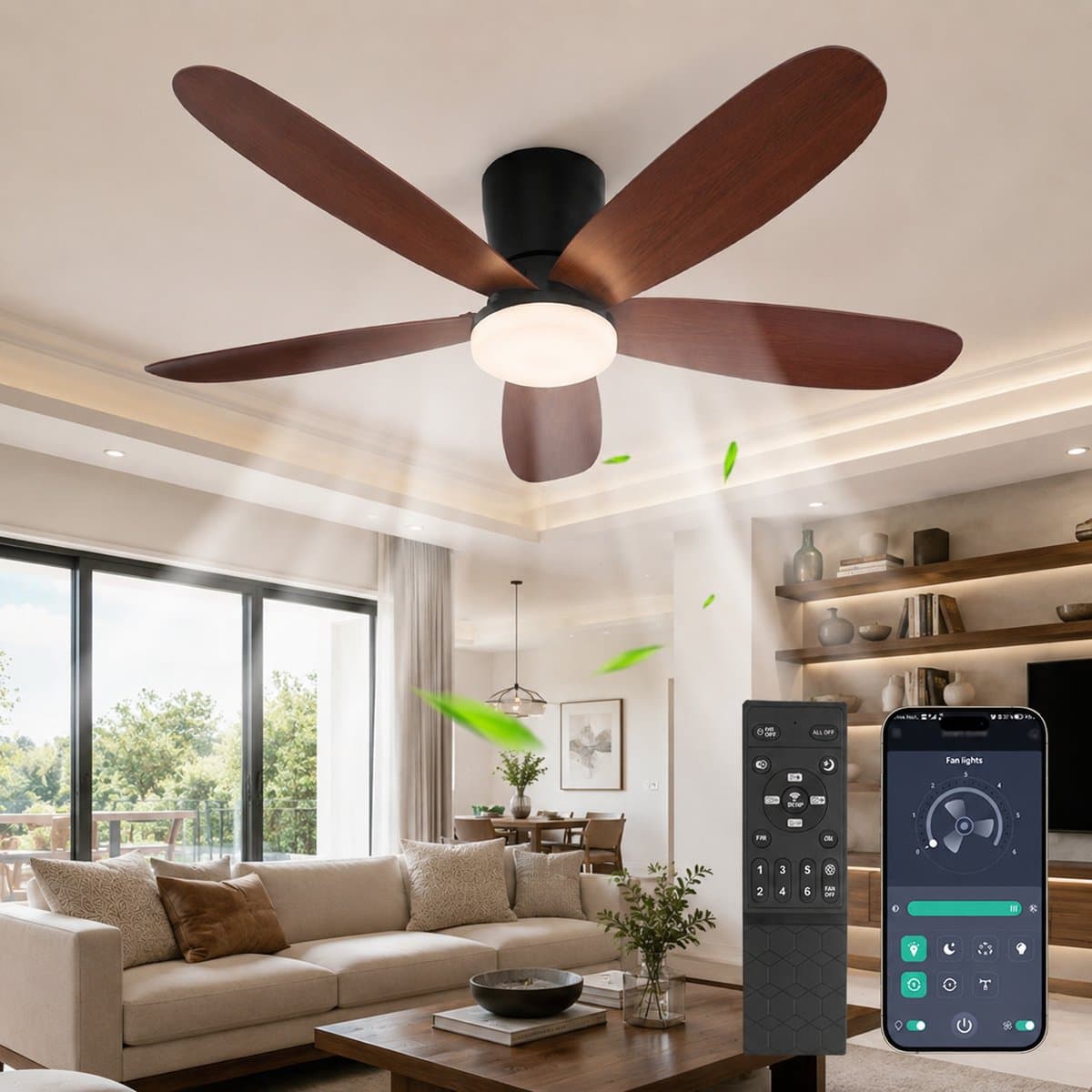 MUPOO Houtlook Plafondventilator met Lamp 106 cm- Afstandsbediening & App Bediening - Stille & Dimbare LED - Zomer en Winterstand-6 Snelheden & Geheugen-ventilator lamp Voor Slaapkamer en keuken — afbeelding 1