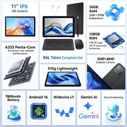 11 inch Tablet – 128GB opslag – 7800 mAh batterij – Android 16 – WiFi 6 – Tablet met Toetsenbord, Muis & Pen, Hoesje - Zwart — thumbnail 6