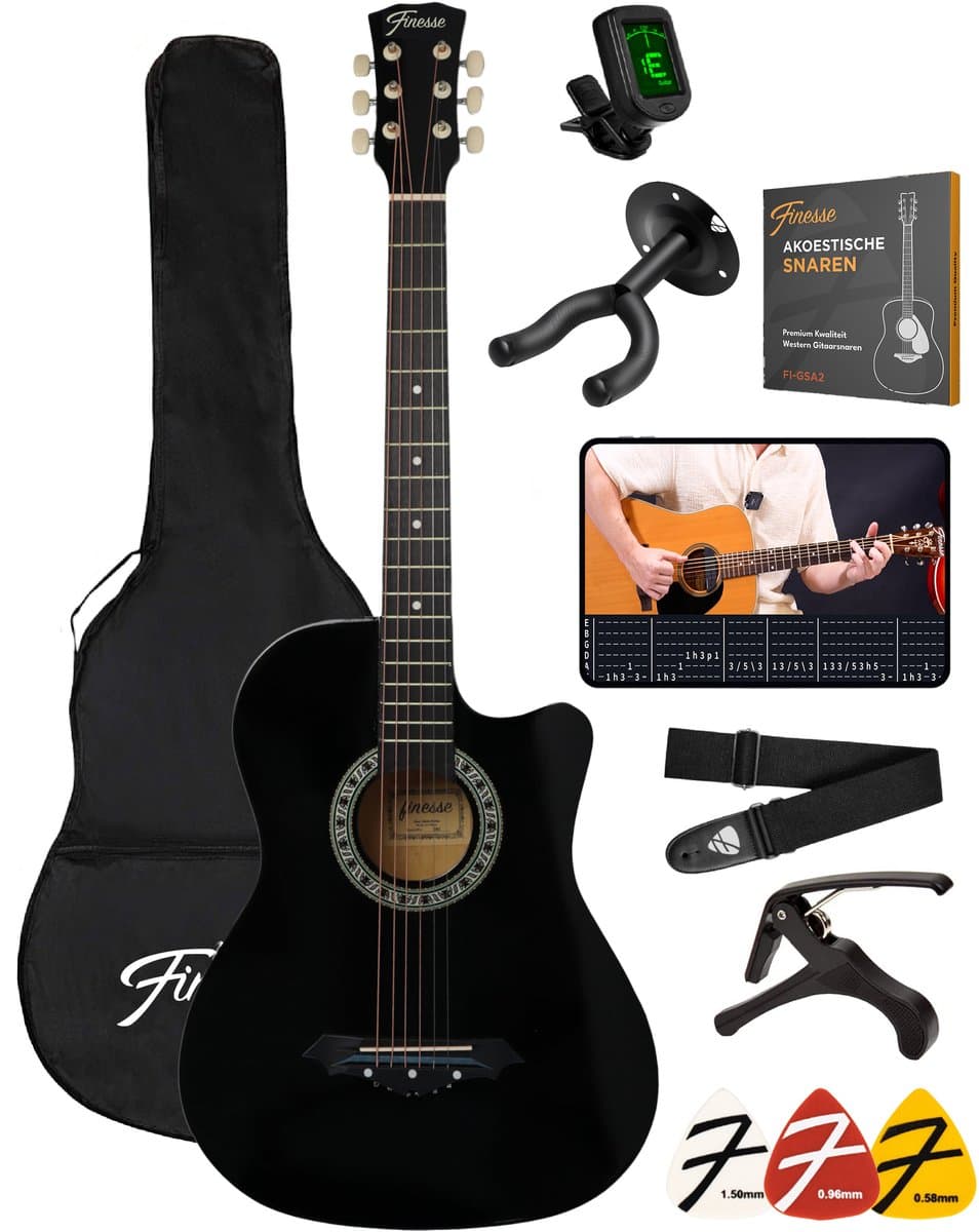 Finesse Akoestische Gitaar - met Videocursus - Western Gitaar - Gitaar Kind & Volwassenen - Zwart — afbeelding 1