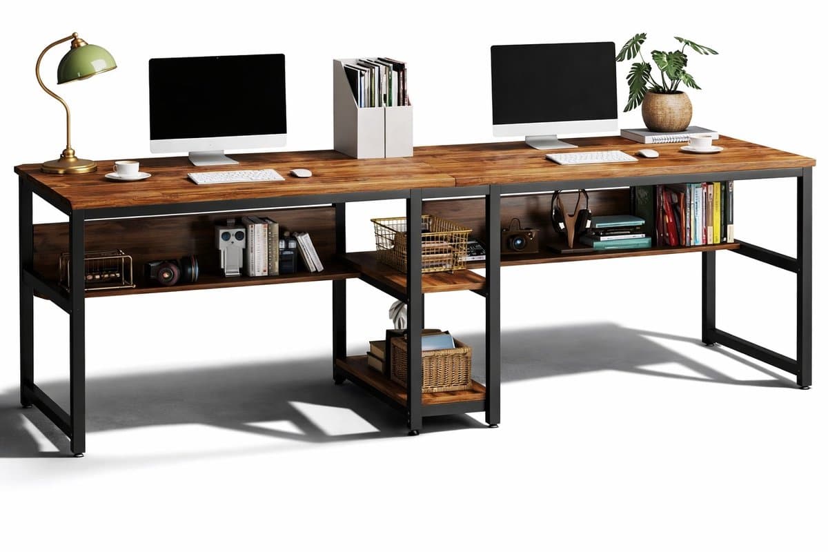 Van Elmont Bureau - Dubbel Lang Bureau voor twee personen met opbergruimte - Computerbureau - Computertafel - Metaal / Hout - Industrieel Design - Bureautafel voor Thuiskantoor - Bruin - 60 x 200 x 75 cm - voor Gamen - Studeren en Werken — afbeelding 1