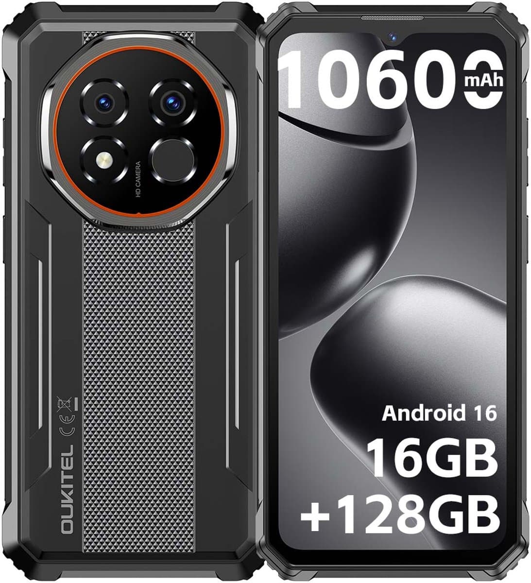 Rugged Smartphone - OUKITEL G6 - 2026 nieuw telefoon - 16GB RAM - 128GB ROM - 6,52 inch - 10600 mAh - Android 16 - IP68/IP69K Outdoor telefoon - NFC GPS - Zwart — afbeelding 1