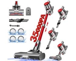 Authmic Steelstofzuiger Draadloos - 35.000Pa Zuigkracht - 6-in-1 Multifunctioneel Ontwerp - 6*2200mAh - 50 Min - GreenEye Technologie - Wandbeugel - Geschikt voor Huisdierharen, Tapijt en Harde Vloeren - Rood