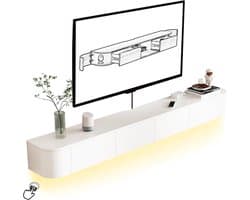Zwevende tv-unit - Tv-meubel wandmontage - Media opslag - Met neerklapbare deuren - 160 cm breed - Wit met LED