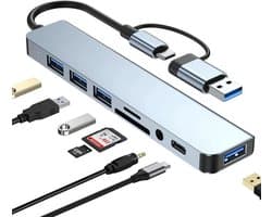 8-in-1 USB-C en USB-A Adapter - 4K HDMI Adapter met 100W PD Opladen - USB 3.0, SD/TF Kaartlezer, Gigabit Ethernet RJ45 - Voor MacBook Pro/Air, Chromebook en Type-C Laptops - Zwart