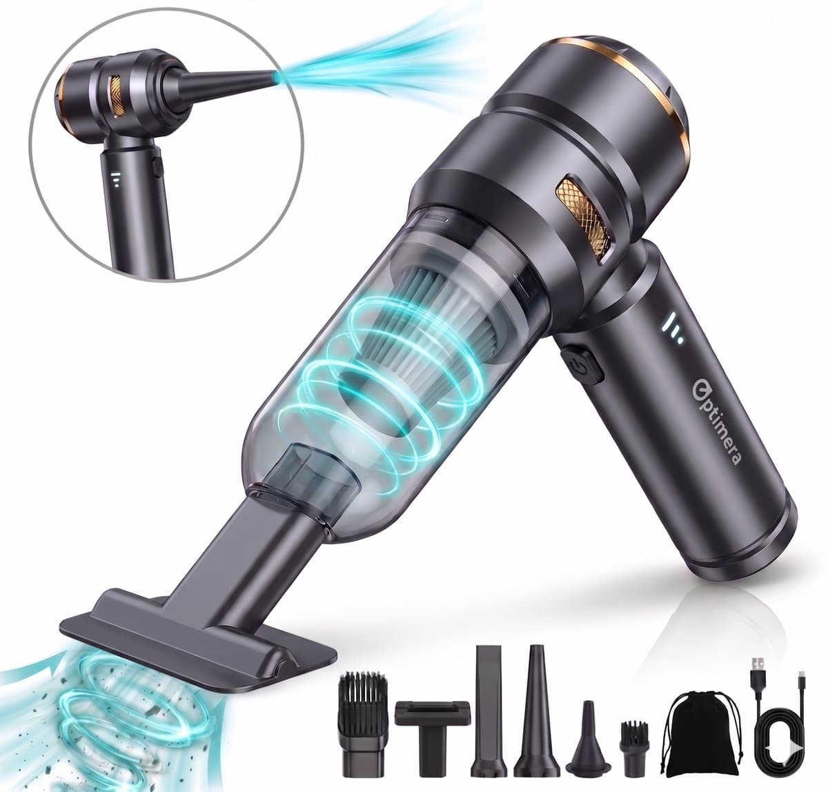 OPTIMERA® 2-in-1 Auto Stofzuiger - Zuigen & Blazen - Kruimeldief - 7 Opzetstukken - Oplaadbaar - Handstofzuiger - Air Duster - Zwart — afbeelding 1