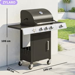 Gasbarbecue - Gasbarbecue en grill - 3+1 Branders - 10,5 kW - Grillwagen - Barbecuewagen - met Grillrooster, Wielen, Bijzettafels, Thermometer, Opvangbak en Warmhoudplaten - 109 x 50 x 109 cm - Zwart — thumbnail 2