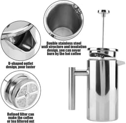 Byshayne- Koffiezetapparaat Dubbelwandig RVS - Franse Pers - Theepot met Filter - 1000 ML - Hittebestendig - Geschikt voor Kantoor en Camping — thumbnail 5