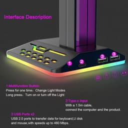 RGB Hoofdtelefoonstandaard - Headset Houder - Gaming Setup - 2 USB Poorten - 26.7x12.3x10.3cm - Zwart — thumbnail 5