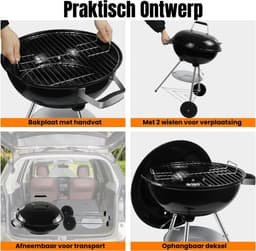 Houtskool Barbecue Met Deksel Voor Authentieke BBQ Smaak – Houtskoolbarbecue Op Wielen Met Stevig Metaal Design Voor Eenvoudig Verplaatsen – Kogelbarbecue Rond 51 x 47 x 78 cm Voor Tuin, Balkon en Camping | Zwart Design Met Optimale Warmteverdeling — thumbnail 2