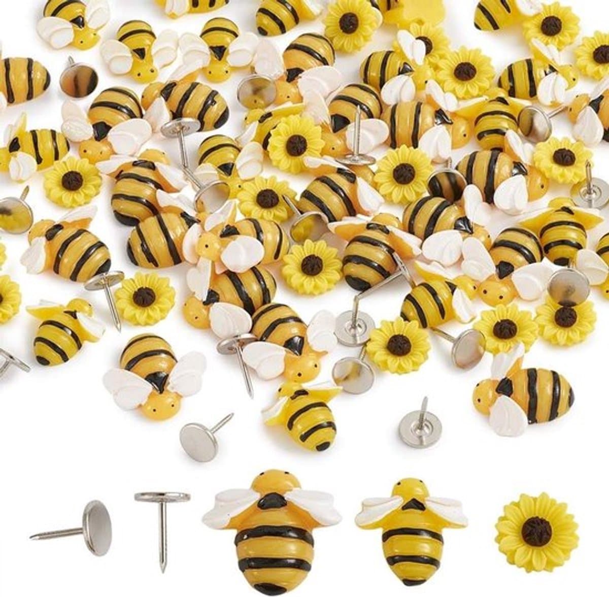 Set van 60 platte hars cabochons met bijen en zonnebloem motieven, ideaal voor doe-het-zelf ambachten en sfeervolle woondecoratie projecten — afbeelding 1