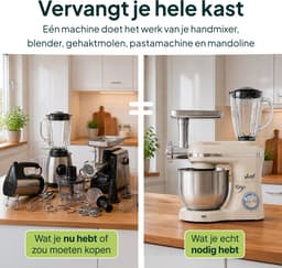 Vivid Green 2000W Keukenrobot - 6.2L - Alles-in-een Keukenmixer - Mixer met Mengkom - Keukenmachine - Gehaktmolen en Blender- Pastamachine – Creme — thumbnail 2