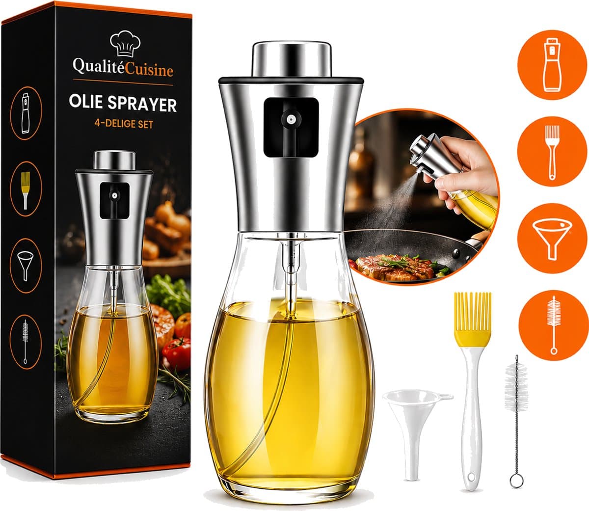 QualitéCuisine® Olie Sprayfles 200ml – Vernieuwde Versie – Olijfolie Sprayer / Olieverstuiver – Olie Dispenser Glas – Airfryer Accessoires – Voor BBQ, Pan & Salade – Incl. Bakkwast en Trechter — afbeelding 1