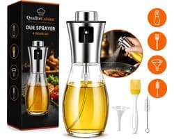 QualitéCuisine® Olie Sprayfles 200ml – Vernieuwde Versie – Olijfolie Sprayer / Olieverstuiver – Olie Dispenser Glas – Airfryer Accessoires – Voor BBQ, Pan & Salade – Incl. Bakkwast en Trechter